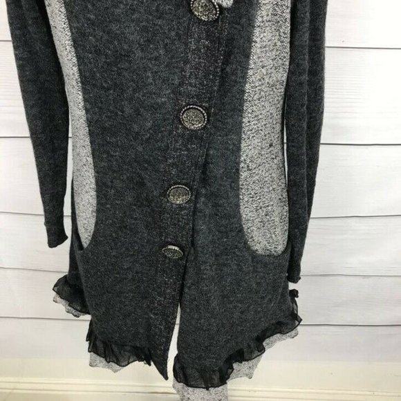 The Pyramid Collection Collared Ruffle Knit Jacket M Asymmetrical Duster Gray - Picture 3 of 10